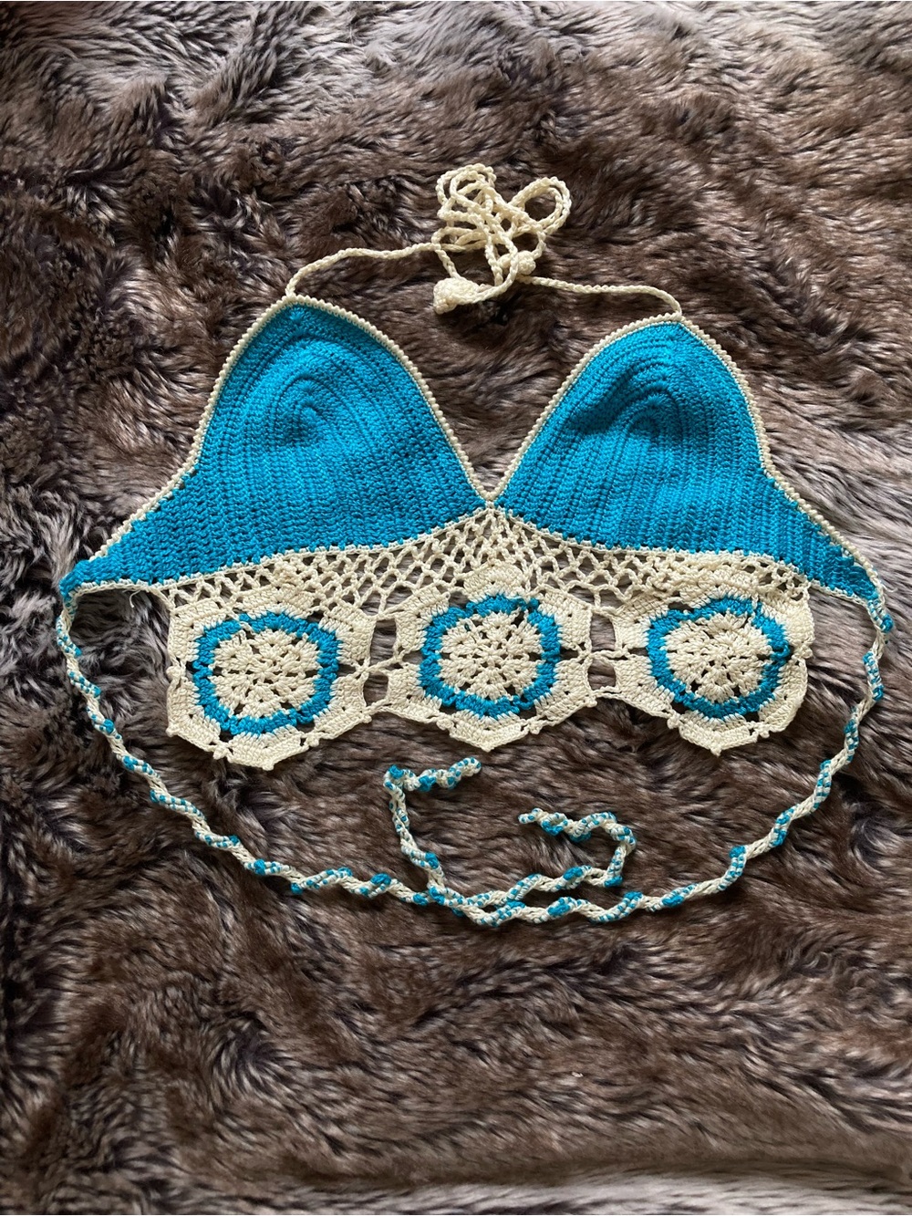 Handmade Crochet Bralette in Teal and Cream